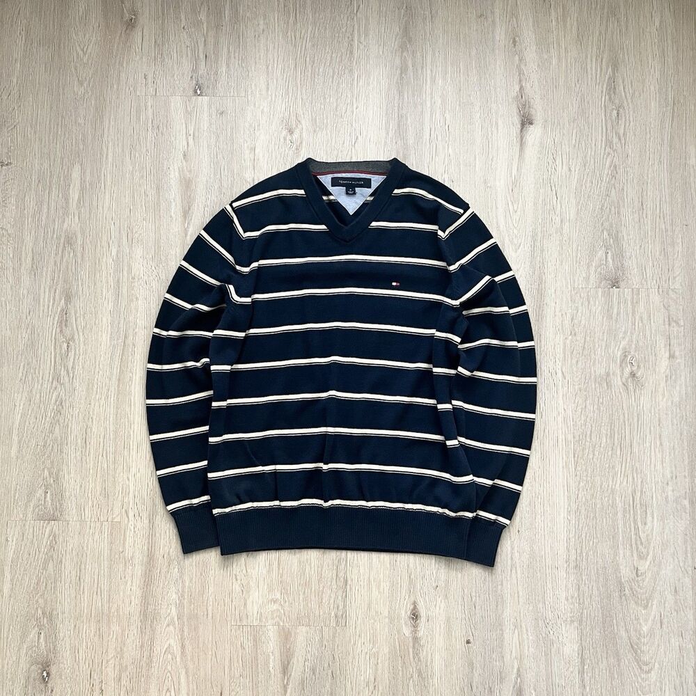 Tommy Hilfiger Sweater Mens M Navy Blue Striped Crewneck Cotton Pullover